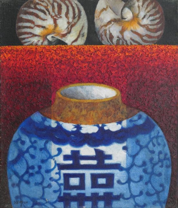 Schilderij getiteld "Double Happiness" door Yang-Che Liu, Origineel Kunstwerk, Olie