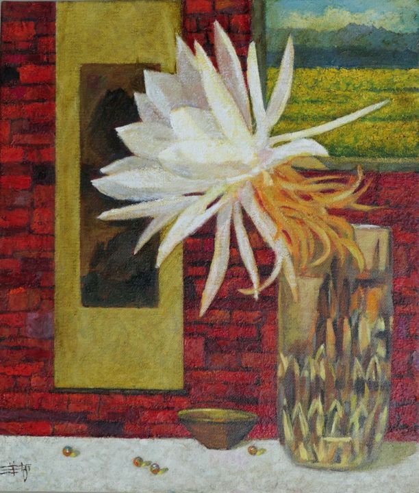 Schilderij getiteld "Fleeting flower wit…" door Yang-Che Liu, Origineel Kunstwerk, Olie