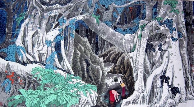 Pintura titulada "泉流峭壁榕荫下180x90cm画集四5…" por Yi Tao Yitao Liu Liu Hua Lang Gallery, Obra de arte original