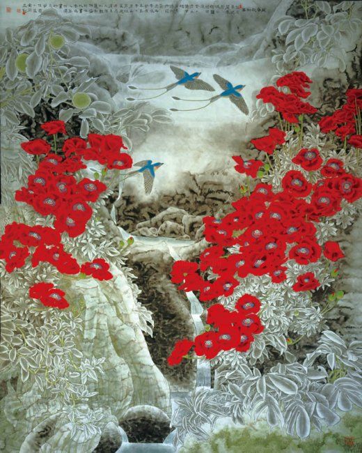 Schilderij getiteld "丽春谷记事  Poppy  180×1…" door Yi Tao Yitao Liu Liu Hua Lang Gallery, Origineel Kunstwerk