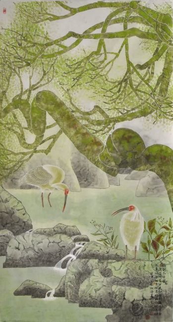 Painting titled "鹮戏春溪图  172x93cm  刘怡…" by Yi Tao Yitao Liu Liu Hua Lang Gallery, Original Artwork