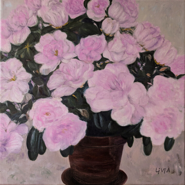 Painting titled "Flowering Azalea" by Livia Doina Stanciu, Original Artwork, Oil Mounted on Wood Stretcher frame