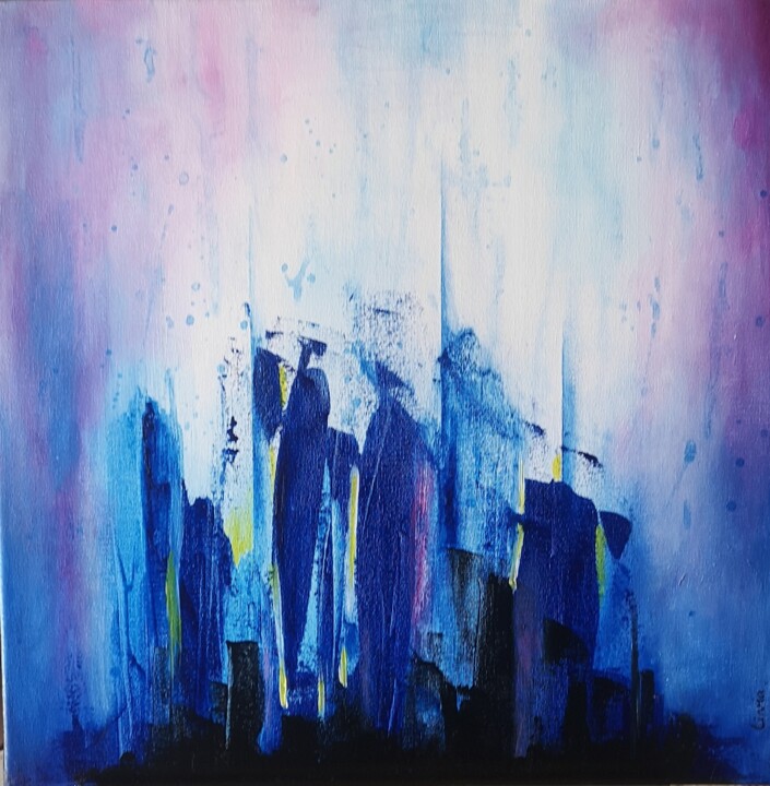 Painting titled "Blue town" by Lise Vial, Original Artwork, Acrylic Mounted on Wood Stretcher frame