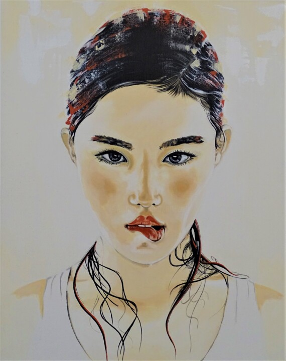 Painting titled "The girl's face 20/6" by Livien Rózen, Original Artwork, Acrylic