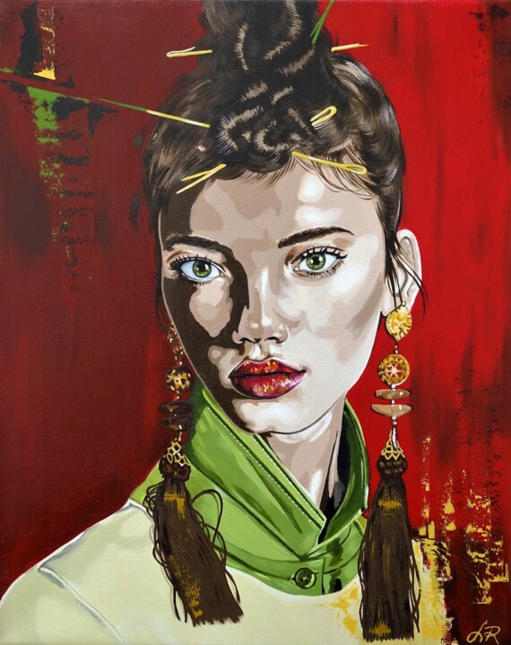 Painting titled "The girl's face 20/8" by Livien Rózen, Original Artwork, Acrylic
