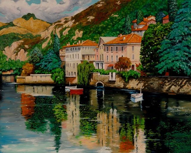 Painting titled "lago di como olio s…" by Si G.Livoti, Original Artwork