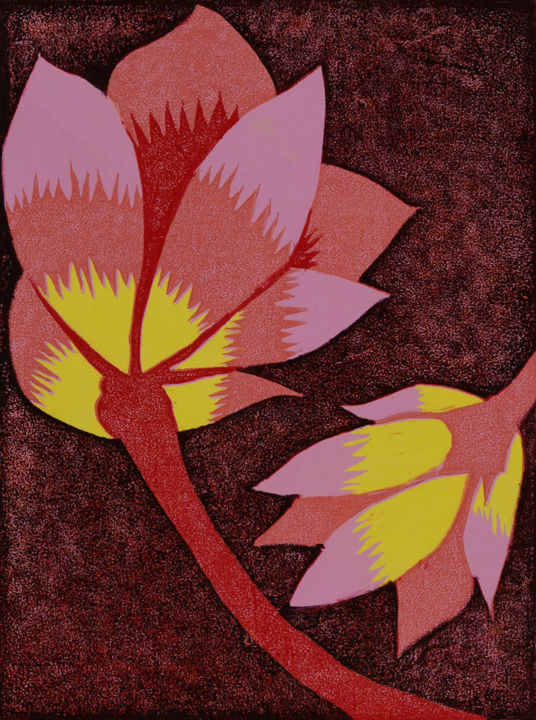 Printmaking titled "Giddy Flowers" by Liz Paker, Original Artwork, Linocuts