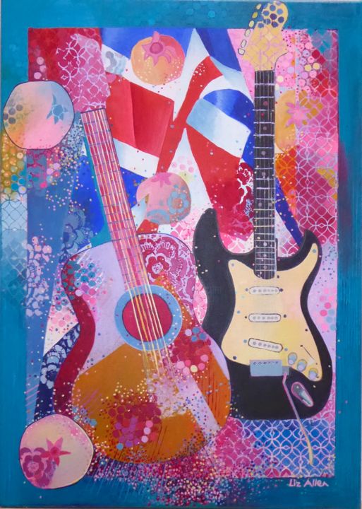 Painting titled "Guitars with flag a…" by Liz Allen, Original Artwork, Acrylic