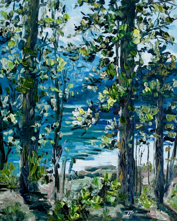 Painting titled "At the River" by Liza Illichmann, Original Artwork, Oil Mounted on Cardboard