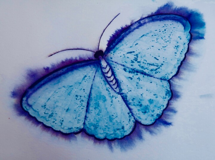 Malerei mit dem Titel "Blue butterfly, ink…" von Liza Peninon, Original-Kunstwerk, Tinte