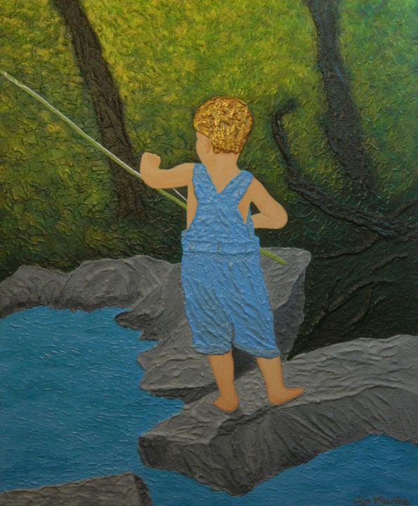 Painting titled "Little Angler at Wo…" by Liza Wheeler, Original Artwork, Acrylic
