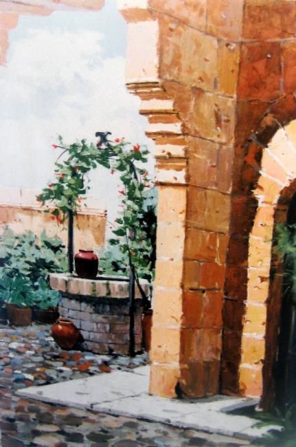 Painting titled "El Patio de los Can…" by Lizana, Original Artwork, Oil