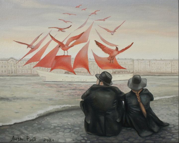Painting titled "Scarlet Sails" by Liza Rei, Original Artwork, Oil