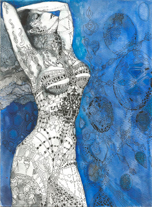 Malerei mit dem Titel "l'eau" von Lizard, Original-Kunstwerk, Aquarell