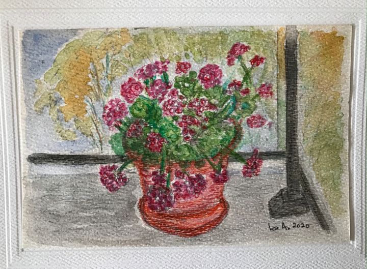 Картина под названием "Géraniums au balcon" - Lise Audet, Подлинное произведение искусства, Акварель