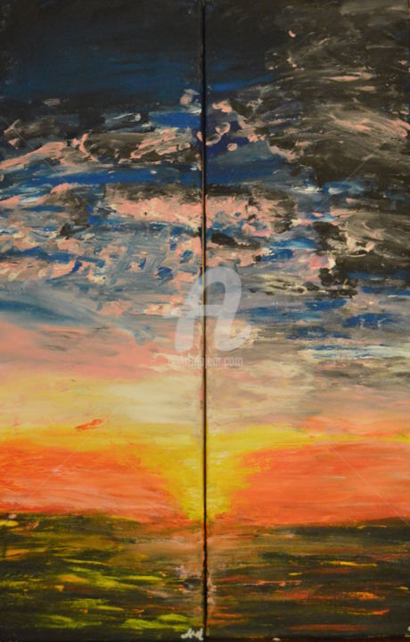 Картина под названием "Coucher de soleil c…" - Lizzie-Mary, Подлинное произведение искусства, Гуашь