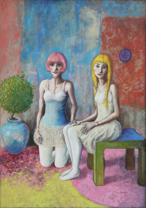Painting titled "Irmine and Roseline" by L. Joss, Original Artwork, Oil