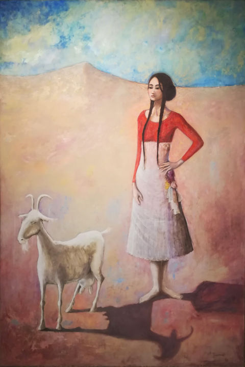 Painting titled "The Shepherdess and…" by L. Joss, Original Artwork, Oil