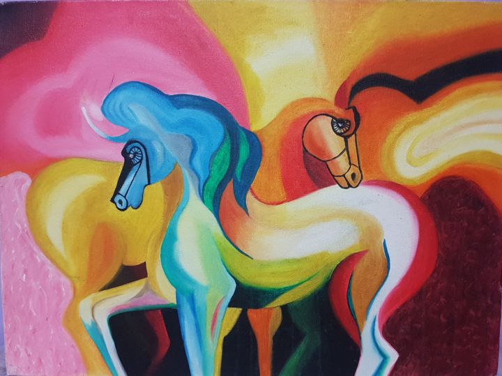 Schilderij getiteld "Caballos" door Lady Susatama, Origineel Kunstwerk, Olie