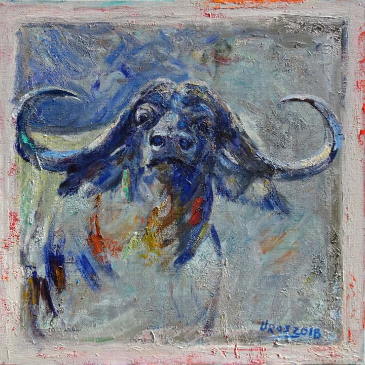 Schilderij getiteld "Blue buffalo" door Ljubisa Urosevic, Origineel Kunstwerk, Olie Gemonteerd op Frame voor houten brancard