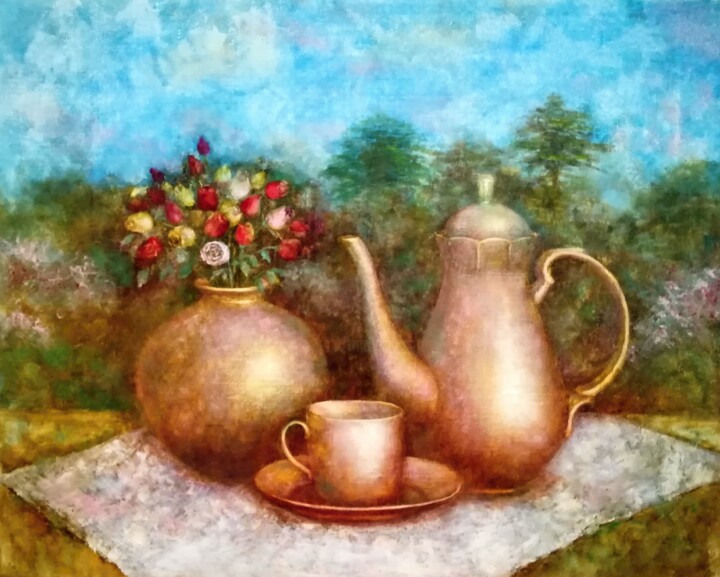 Pintura titulada "English tea" por Ljubov Ananina, Obra de arte original, Oleo Montado en Bastidor de camilla de madera