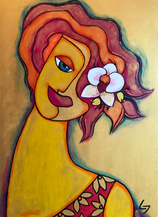 Painting titled "Gold. Orchid. Dorit…" by Ljubow Jung, Original Artwork, Acrylic Mounted on Wood Stretcher frame