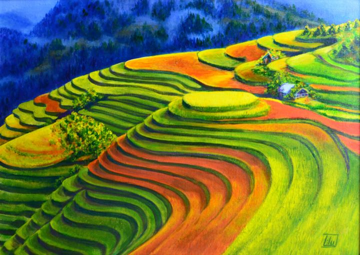 Malerei mit dem Titel "rice fields of china" von Liudmila Khapatko, Original-Kunstwerk, Acryl