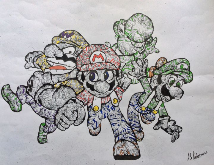 Peinture intitulée "Mario crew" par Lola Ledermann, Œuvre d'art originale, Encre