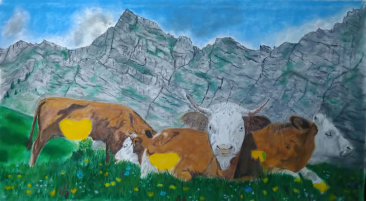 Zeichnungen mit dem Titel "Alpage Vaudois" von Marc Lavigne, Original-Kunstwerk, Pastell