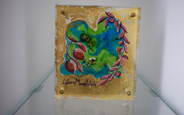 Ζωγραφική με τίτλο "Ελιά με φύλλα χρυσού" από Lilian Manolakaki, Αυθεντικά έργα τέχνης, Βιτρό ζωγραφική