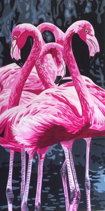 Peinture intitulée "Flamingos 02" par Ln, Œuvre d'art originale, Acrylique
