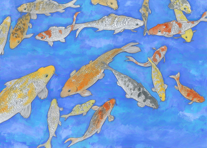 Dessin intitulée "Multi colored carps…" par Natalie Levkovska, Œuvre d'art originale, Gouache