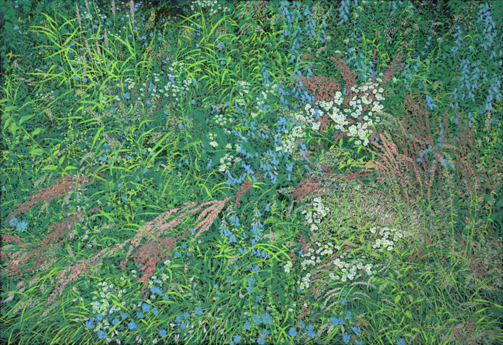 Картина под названием "Blooming grass field" - Natalie Levkovska, Подлинное произведение искусства, Масло