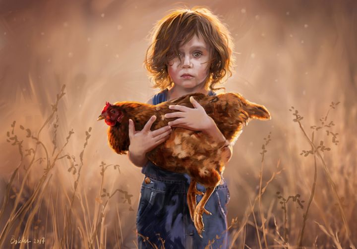 Digital Arts με τίτλο "child with chicken" από Louis Bakker De, Αυθεντικά έργα τέχνης, Ψηφιακή ζωγραφική