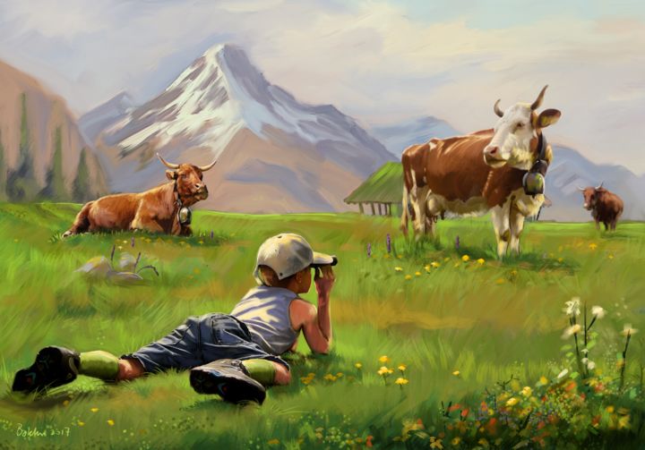 Цифровое искусство под названием "Boy in mountains" - Louis Bakker De, Подлинное произведение искусства, Цифровая живопись
