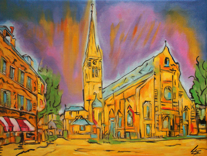 Painting titled "L'église" by Loetitia Lemaire, Original Artwork