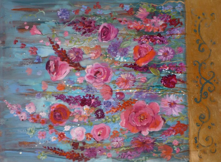 Painting titled "La prairie de rose" by Loetitia Pillault, Original Artwork, Acrylic