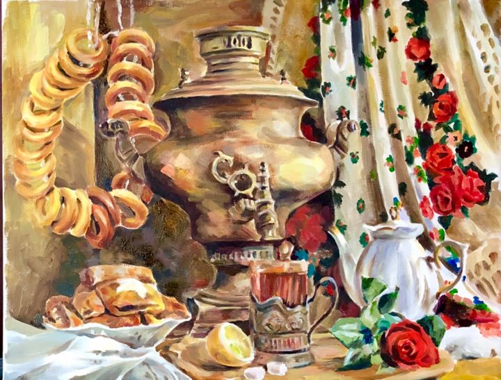 Картина под названием "The breakfast with…" - Anastasia Gorkina, Подлинное произведение искусства, Масло