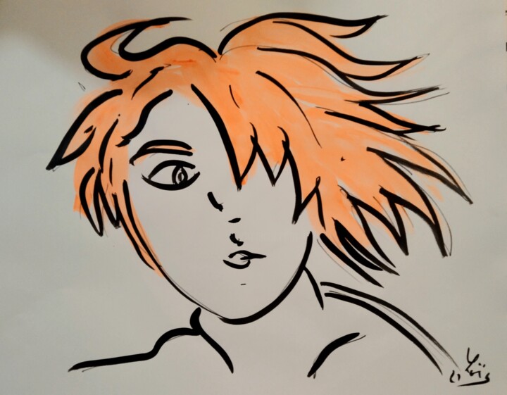 Drawing titled "cheveux orange" by Loic Maxamber, Original Artwork, Ink