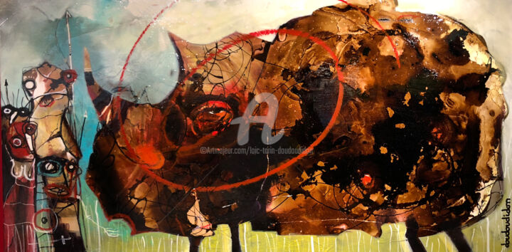 Painting titled "Rhino pas feroce et…" by Loic Tarin (Doudoudidon), Original Artwork, Acrylic
