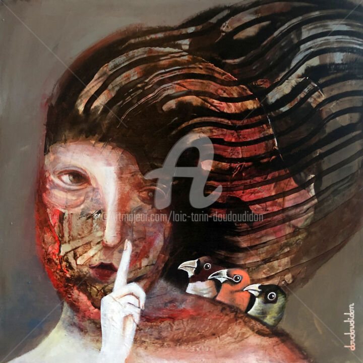 Malerei mit dem Titel "She said Shhhhuuut" von Loic Tarin (Doudoudidon), Original-Kunstwerk, Acryl