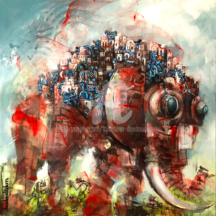 Painting titled "L'éléphant méga bor…" by Loic Tarin (Doudoudidon), Original Artwork, Acrylic Mounted on Wood Stretcher frame