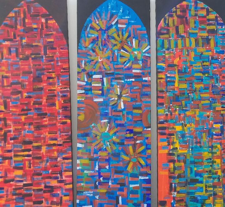 Painting titled "Vitraux à l'église" by Loic Larguier, Original Artwork, Acrylic