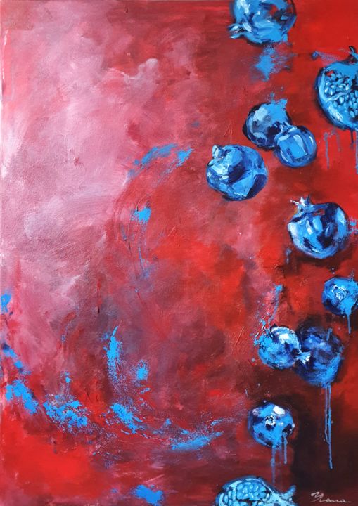Painting titled "Blue pomegranate" by Lola Umarova, Original Artwork, Acrylic