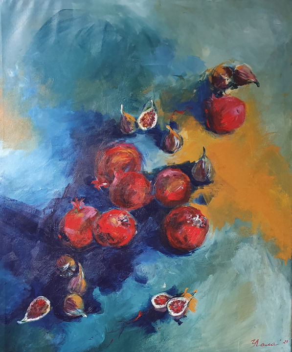 Painting titled "Figs and pomegranate" by Lola Umarova, Original Artwork, Acrylic