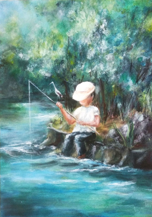 Vibrant Acrylic Painting of a Little Boy Fishing