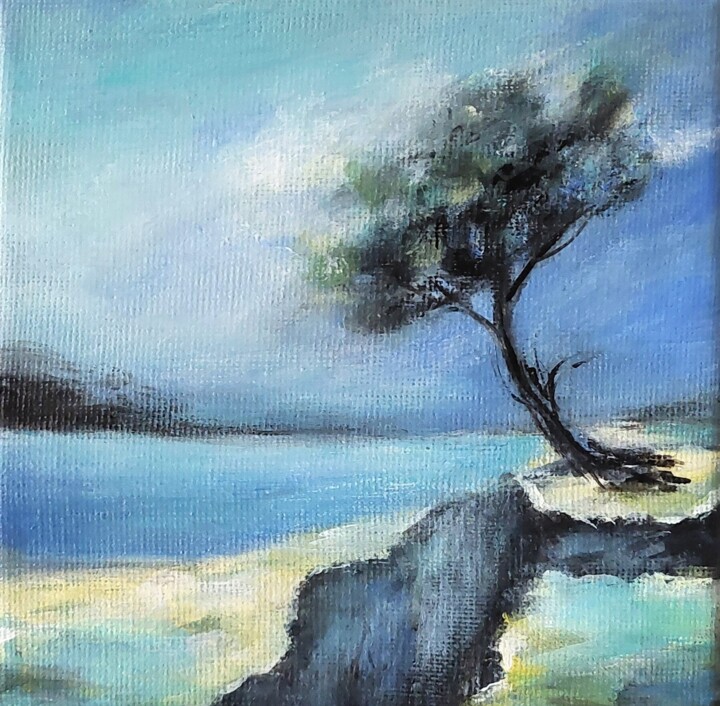 Painting titled "Muted Seaside Art O…" by Olga Tsyhypko, Original Artwork, Acrylic Mounted on Wood Stretcher frame