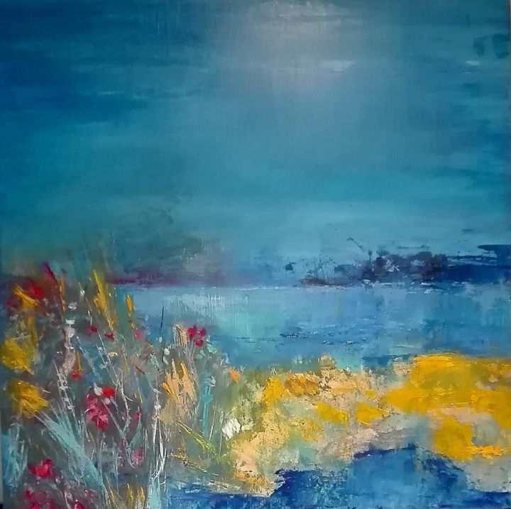 Pintura intitulada ""Flores y mar"" por Lola Castillejo Ribera, Obras de arte originais, Óleo