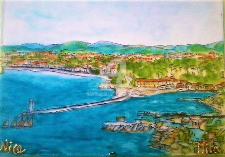 Painting titled "NICE BAIE DES ANGES…" by Lola Design59, Original Artwork, Stained glass painting Mounted on Wood Panel