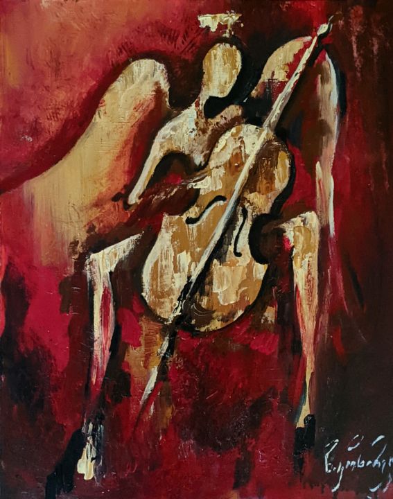 Painting titled "Angel with cello" by Nick Kozyrev, Original Art, Acrylic